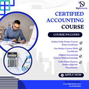 Image shows certified accounting course, Online Tally Prime Course With Certificate, Gst Online Course With Certificate, Digital Accounting Course With Articleship and Tally Prime Course Online And Job Placements and digi schema logo and contact details