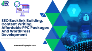 image shows SEO Backlink Building, Content Writing, Affordable PPC Packages And WordPress Development and Ranking Rapid logo and contact information