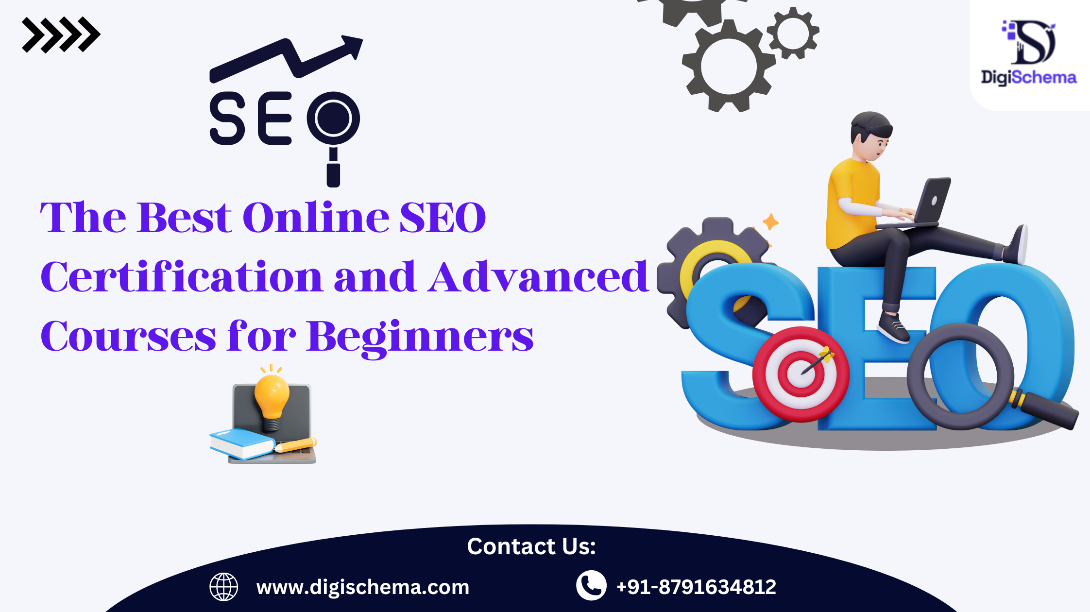 Image shows The Best Online SEO Certification and Advanced Courses for Beginners and Digi schema logo and contact details