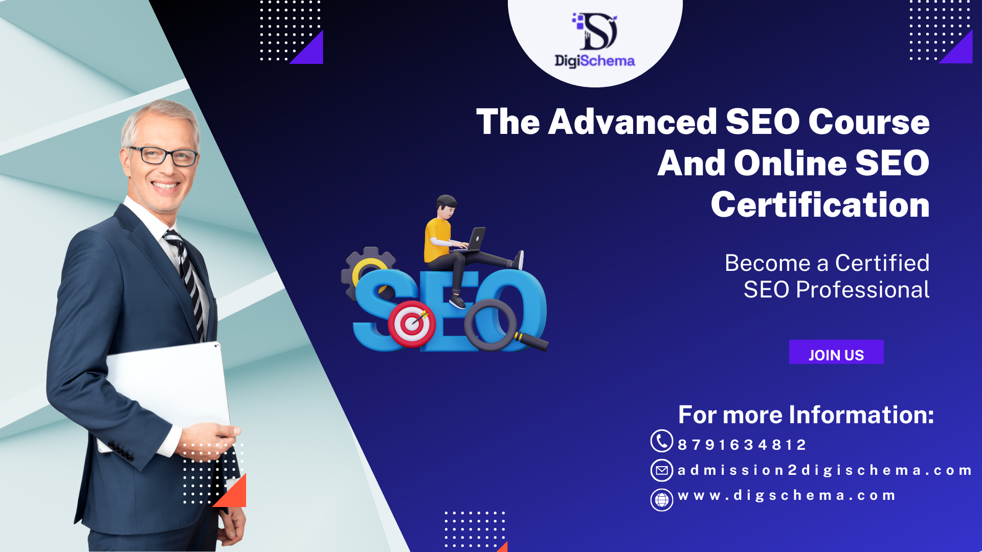 Image shows The Advanced SEO Course And Online SEO Certification and Digi schema logo and contact details