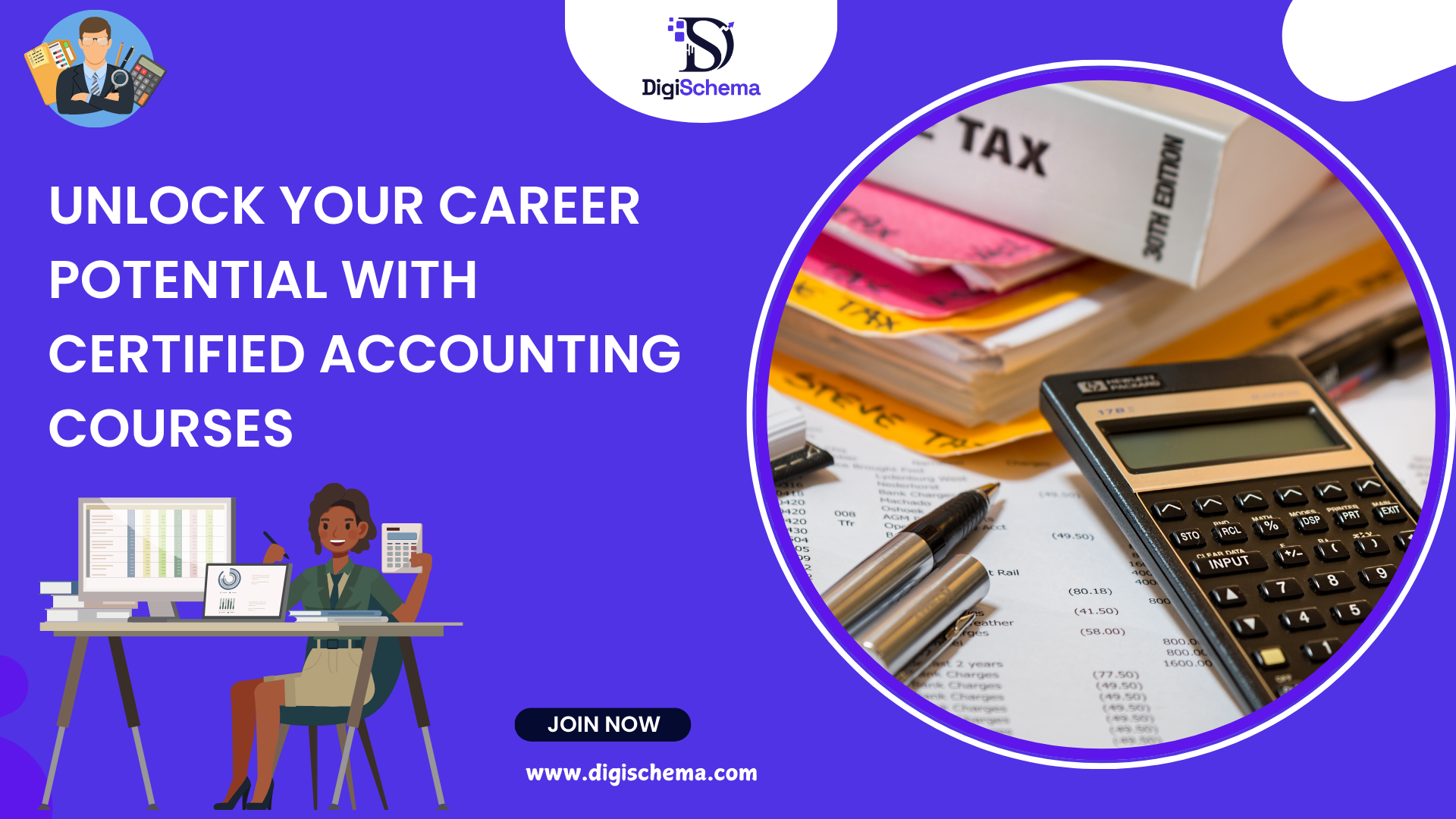 image shows Unlock your Career Potential with Certified Accounting Courses and digi schema logo and contact details