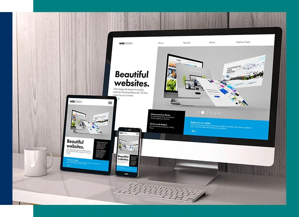 Responsive website designs displayed on a desktop, tablet, and smartphone, showcasing a modern and professional user interface.