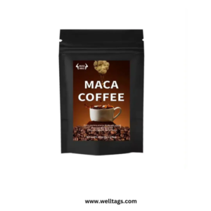 Maca coffee powder packaged in a bag, showcasing its rich brown color and fine texture.