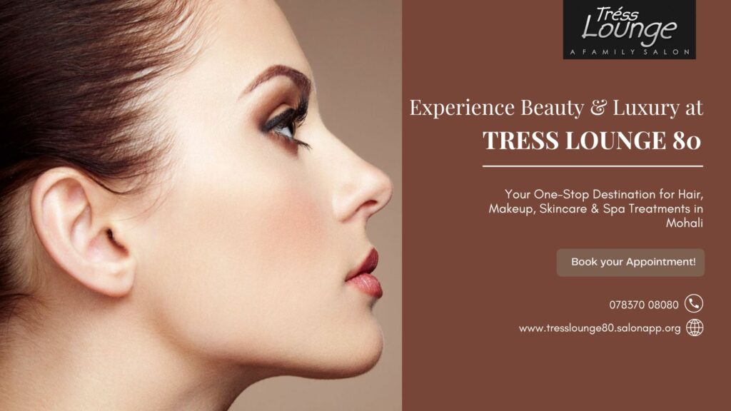 A luxurious salon setup at Tress Lounge 80 in Mohali, showcasing premium beauty services and expert stylists.