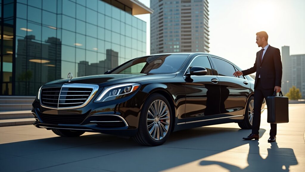 A businessman in a suit walking towards a black Mercedes S-Class sedan in an urban setting with a suitcase.