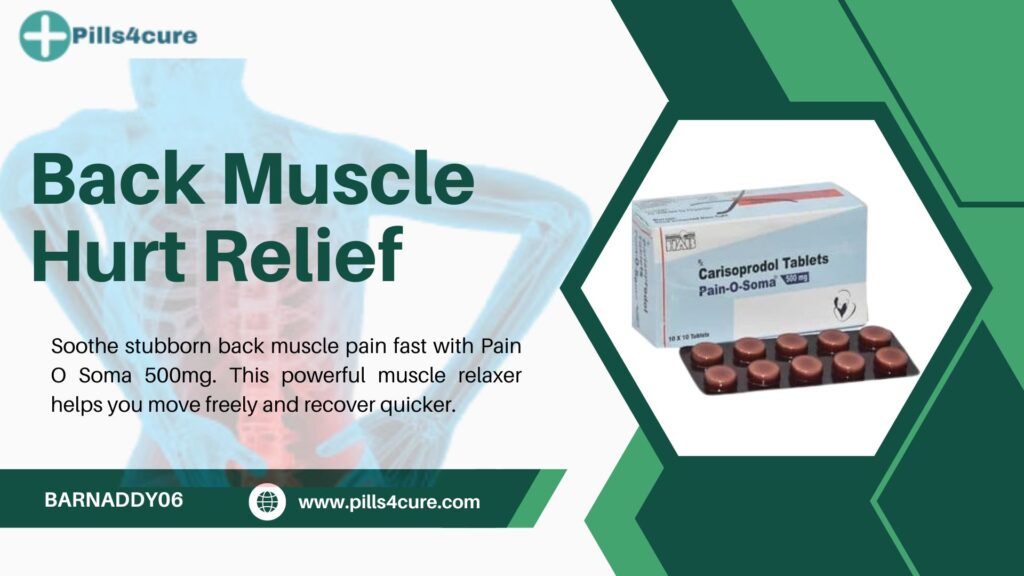 Foam rolling upper back muscles with Pain O Soma 500mg (Carisoprodol) placed nearby for muscle relaxation support.