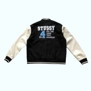 Chaqueta Vintage Stussy Big 4 Cuero Y Lana Negra 2