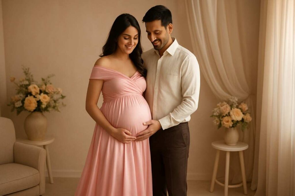 Pregnant woman posing outdoors during maternity shoot in Gurgaon