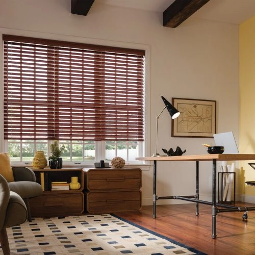 Wooden blinds for privacy in Dubai home office and functional window treatment