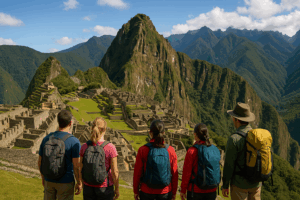 Travelers enjoying a Peru Group Tour Package at Machu Picchu