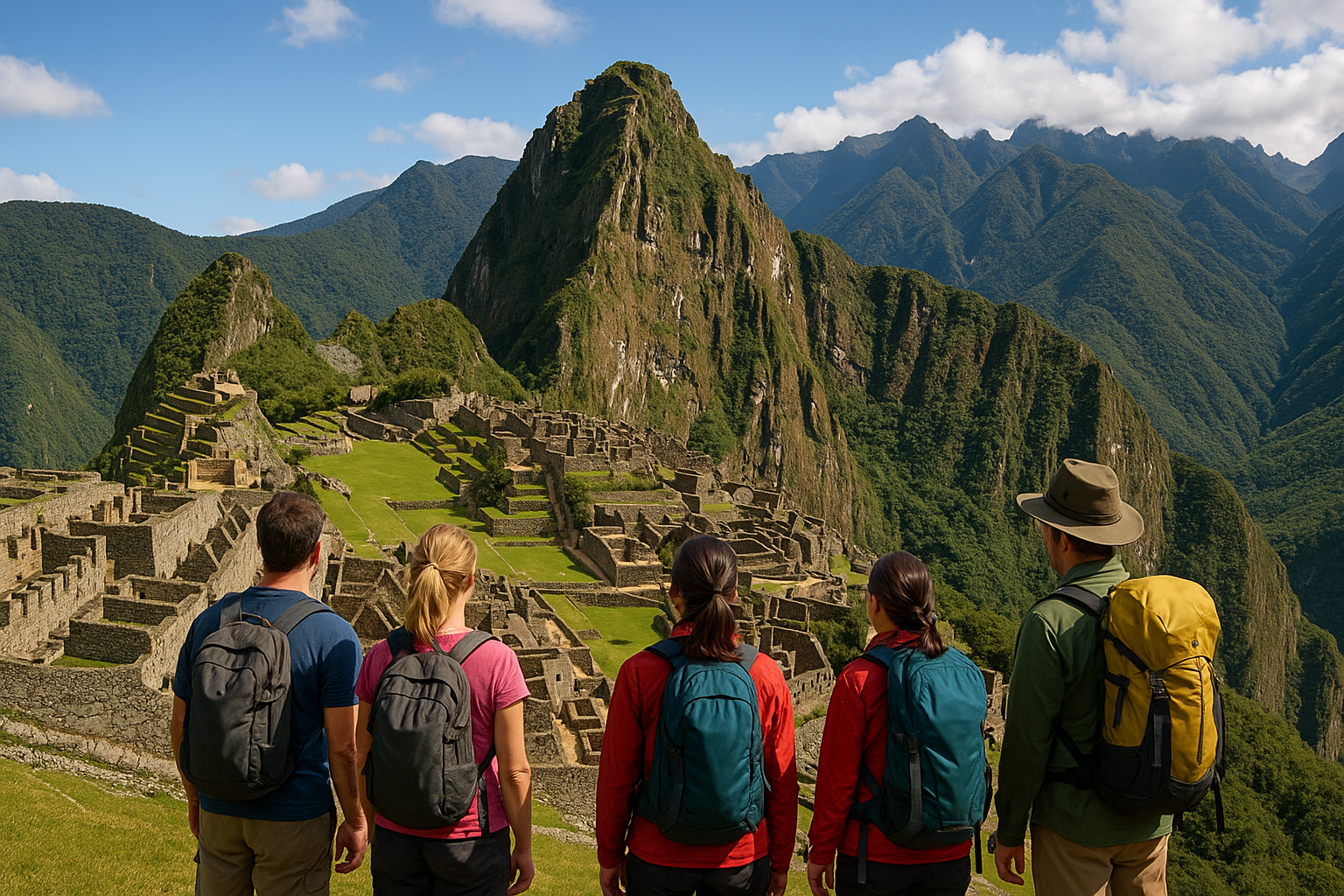 Travelers enjoying a Peru Group Tour Package at Machu Picchu