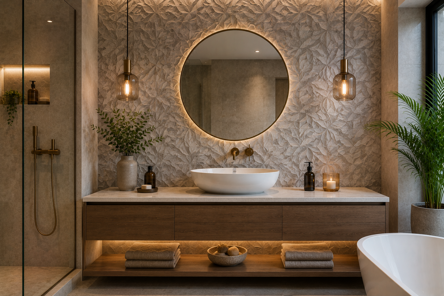 Textured bathroom feature wall tiles behind vanity