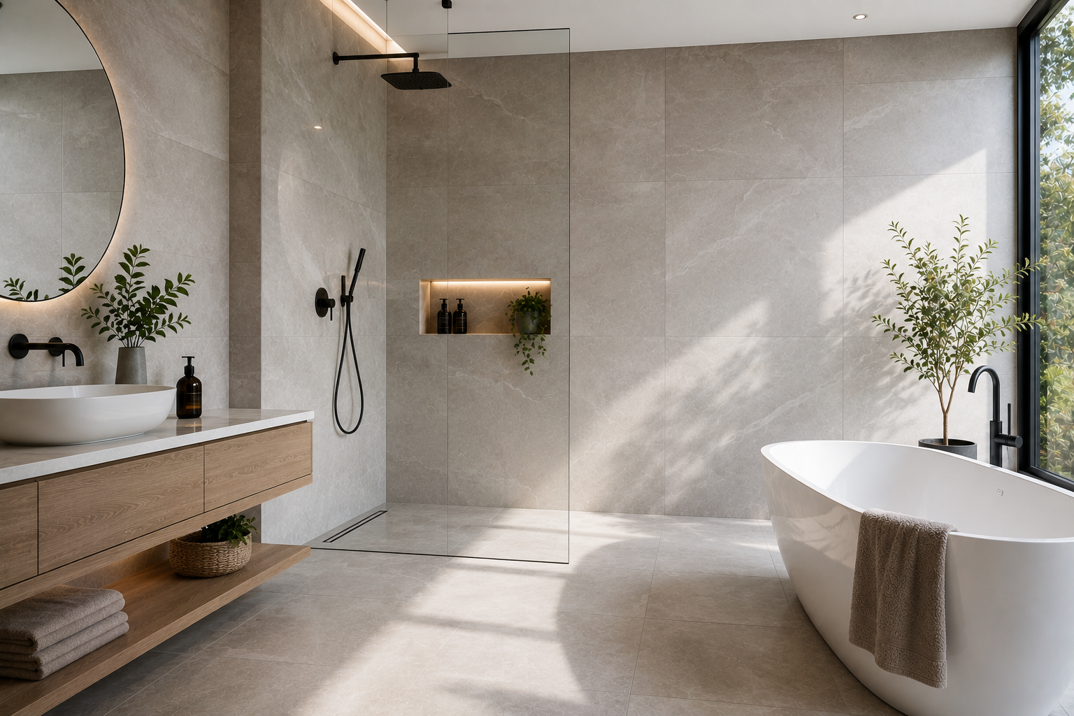 Modern bathroom with large format wall tiles