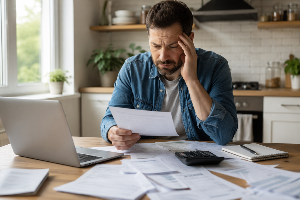 Person reviewing emergency expenses while unemployed and exploring loan options