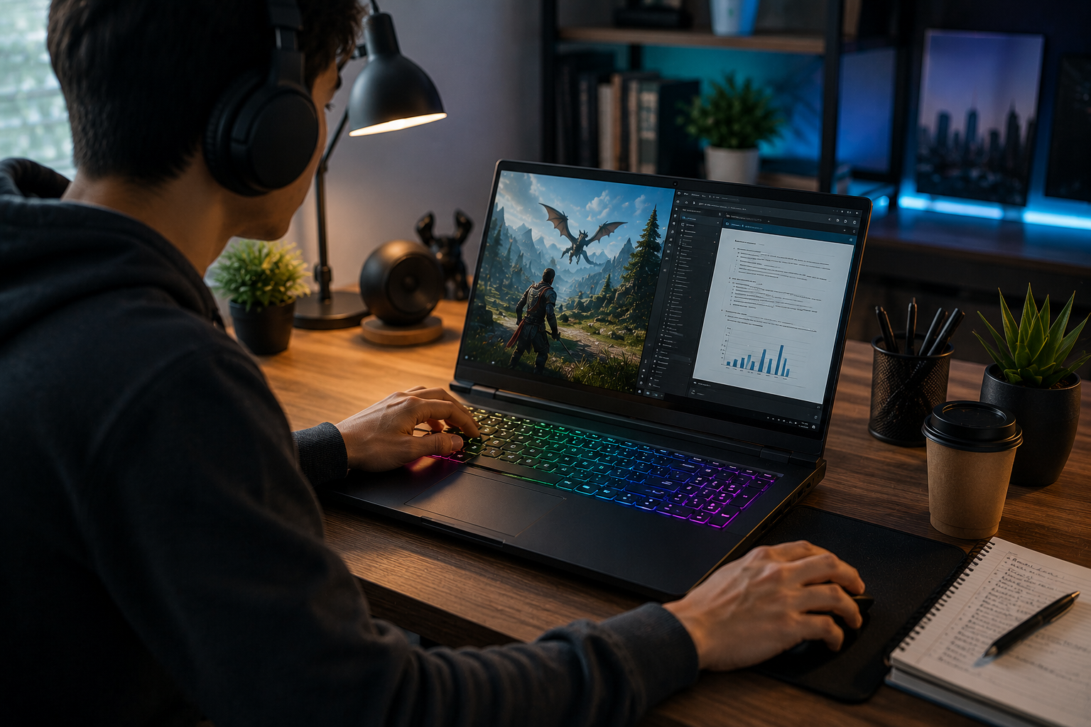 Student using gaming laptop for gaming and productivity